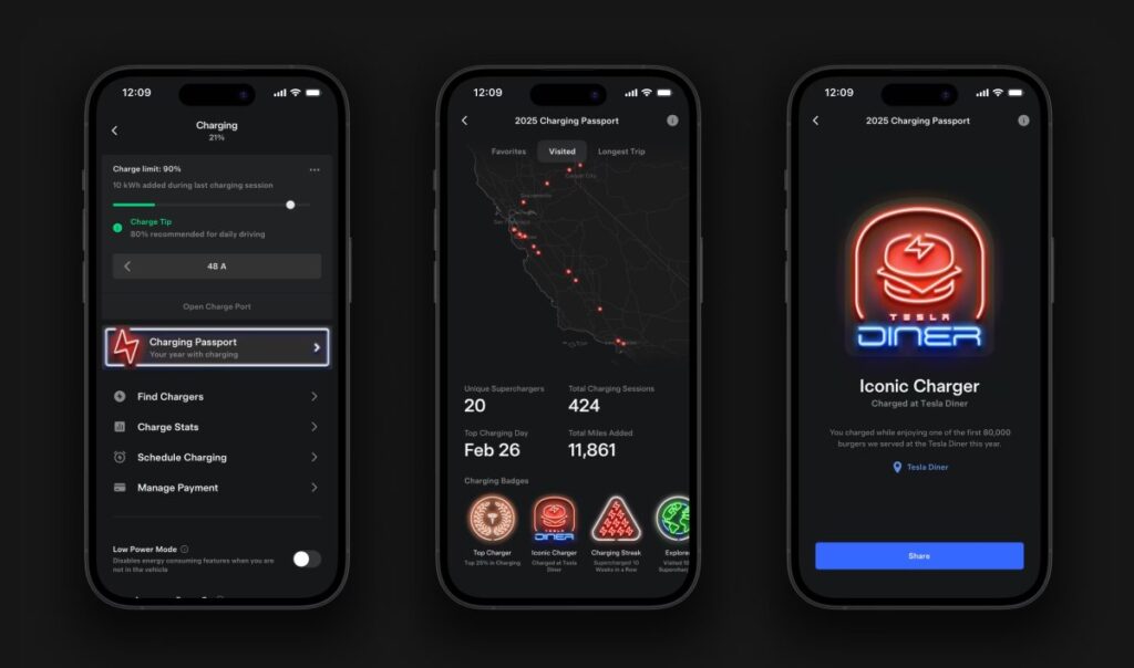 Tesla Enhances App with Yearly Charging Summary, Showcases Top Supercharger Locations and More