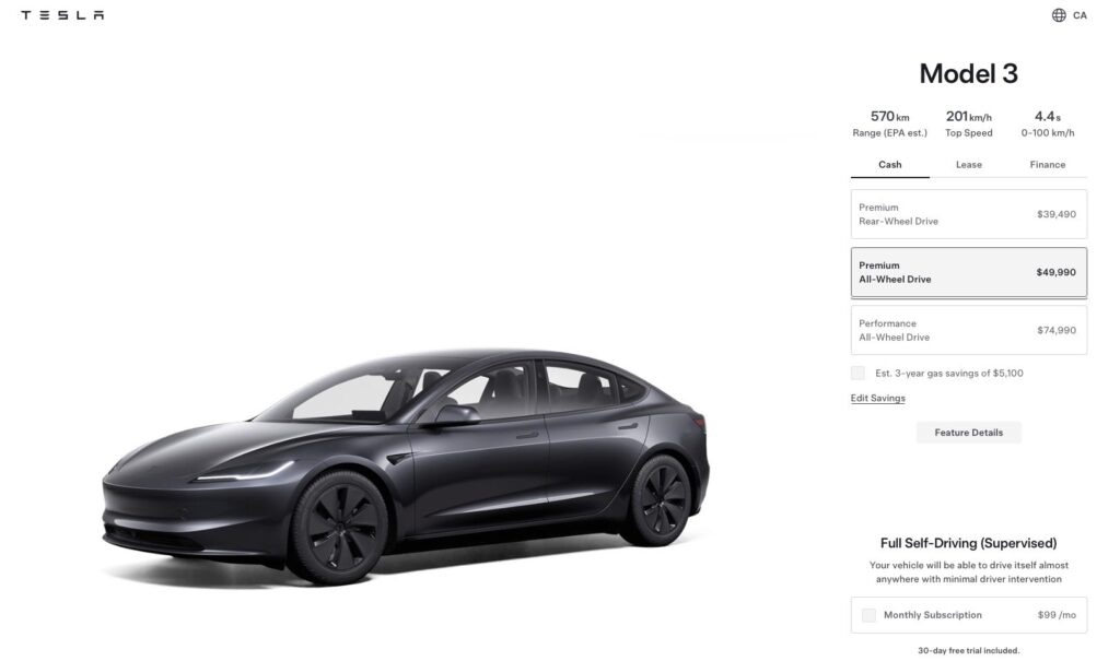 Tesla introduces upgraded Model 3 AWD in Canada with premium features for $49,990